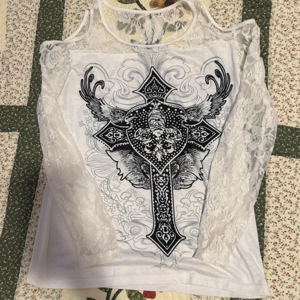 White Lace Graphic Women's Top